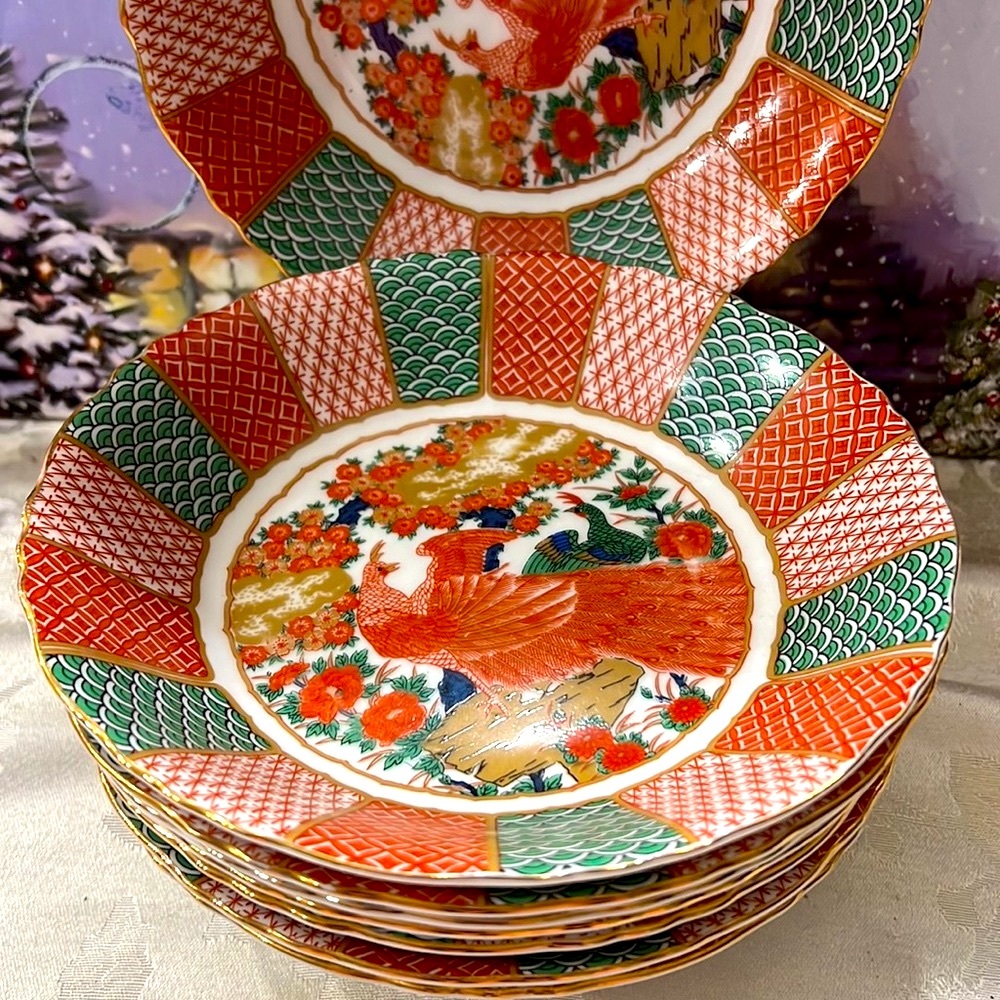 6 PC Scalloped Imari Gumps Peacock Bowls Soup Salad Side Bowl 7.5” (A1607)